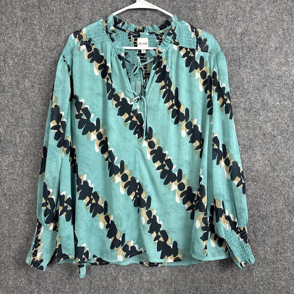 Nic + Zoe Top Blouse Womens Size 1X Green Abstract Flowy Workwear